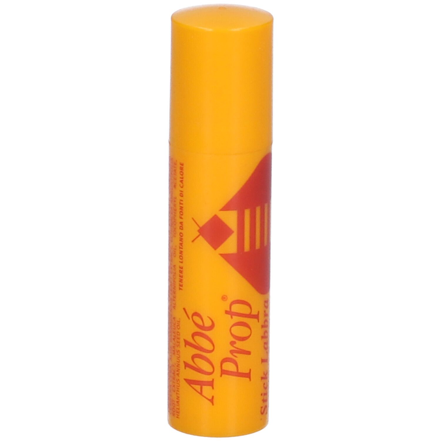 Stick labbra giallo con logo e scritta rossi. Nome prodotto: Abbé Prop Stick Labbra.