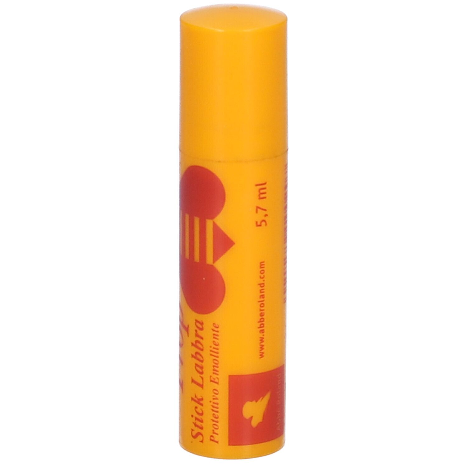Stick labbra giallo con logo rosso e volume 5,7 ml. Nome prodotto: Abbé.