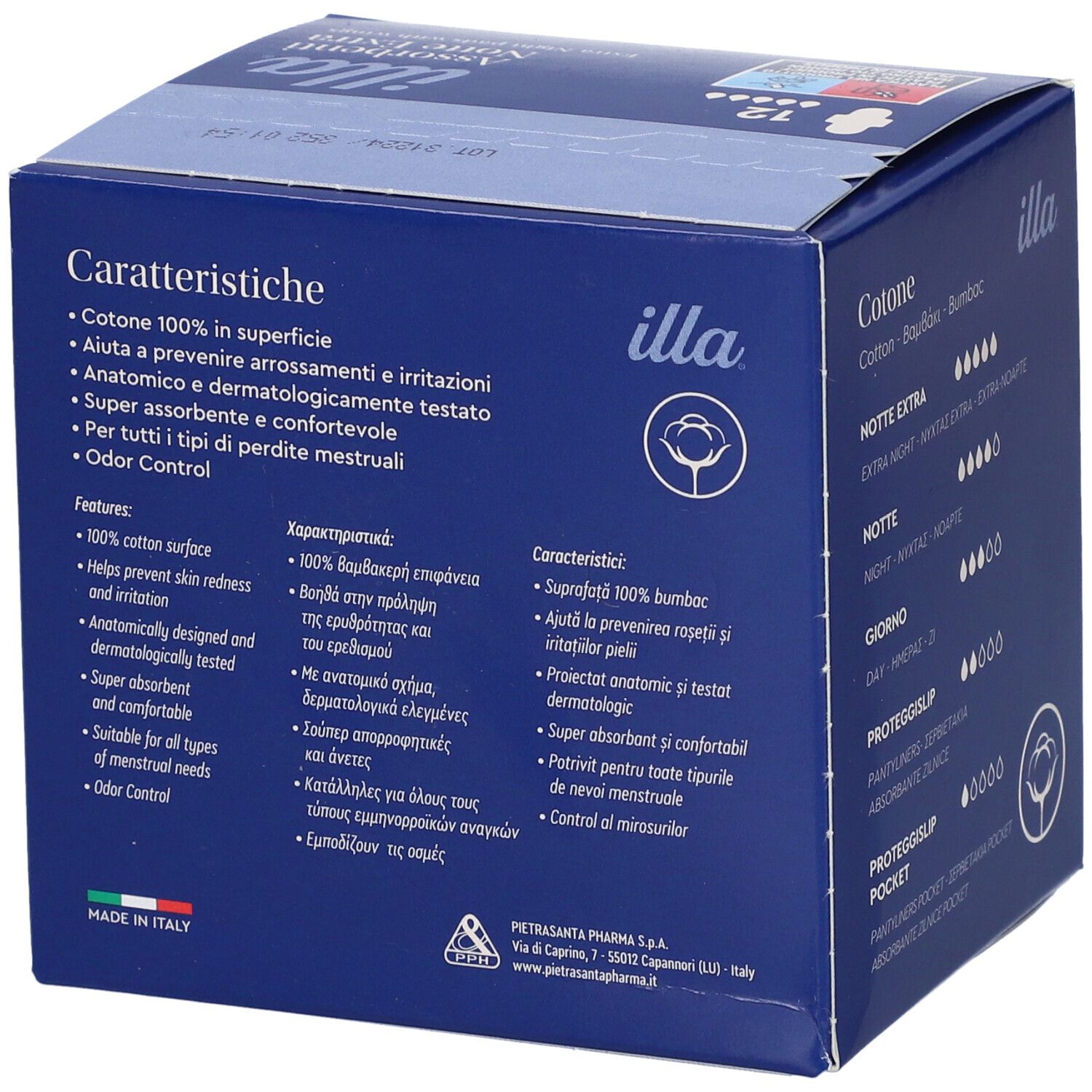 Scatola blu scuro con logo 'illa' e 'Assorbenti Notte Extra'. 12 pezzi. Caratteristiche e ingredienti del prodotto.