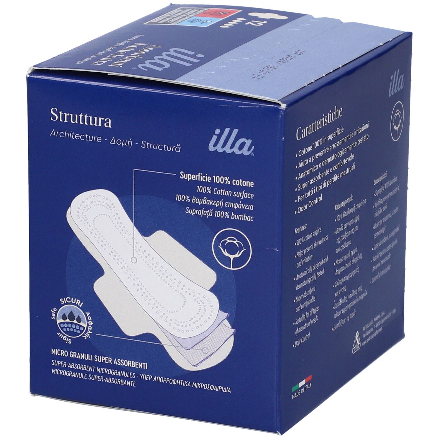 Scatola blu scuro con logo 'illa' e 'Assorbenti Notte Extra'. 12 pezzi. Struttura e ingredienti del prodotto.