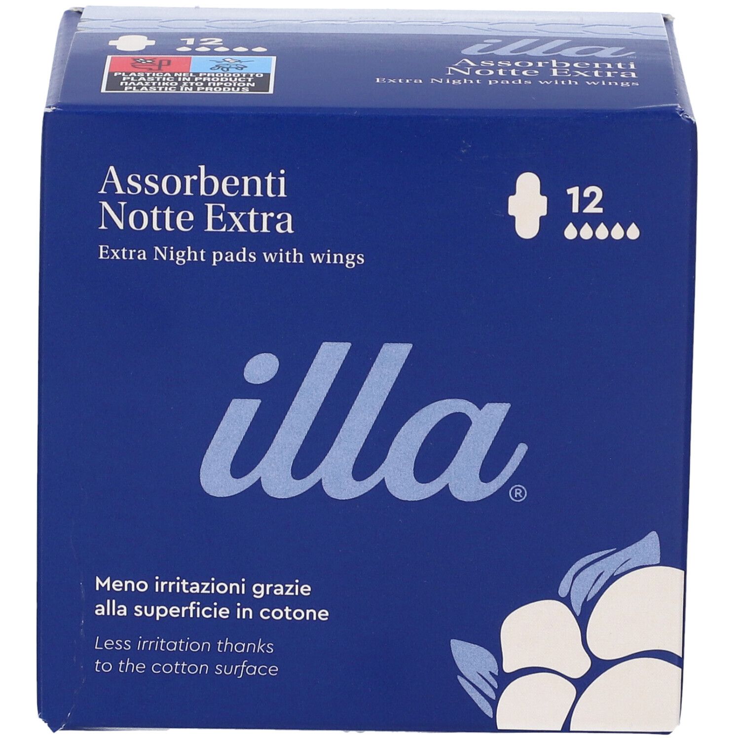 Scatola blu scuro con logo 'illa' e 'Assorbenti Notte Extra'. 12 pezzi. Illustrazione di fiori di cotone.