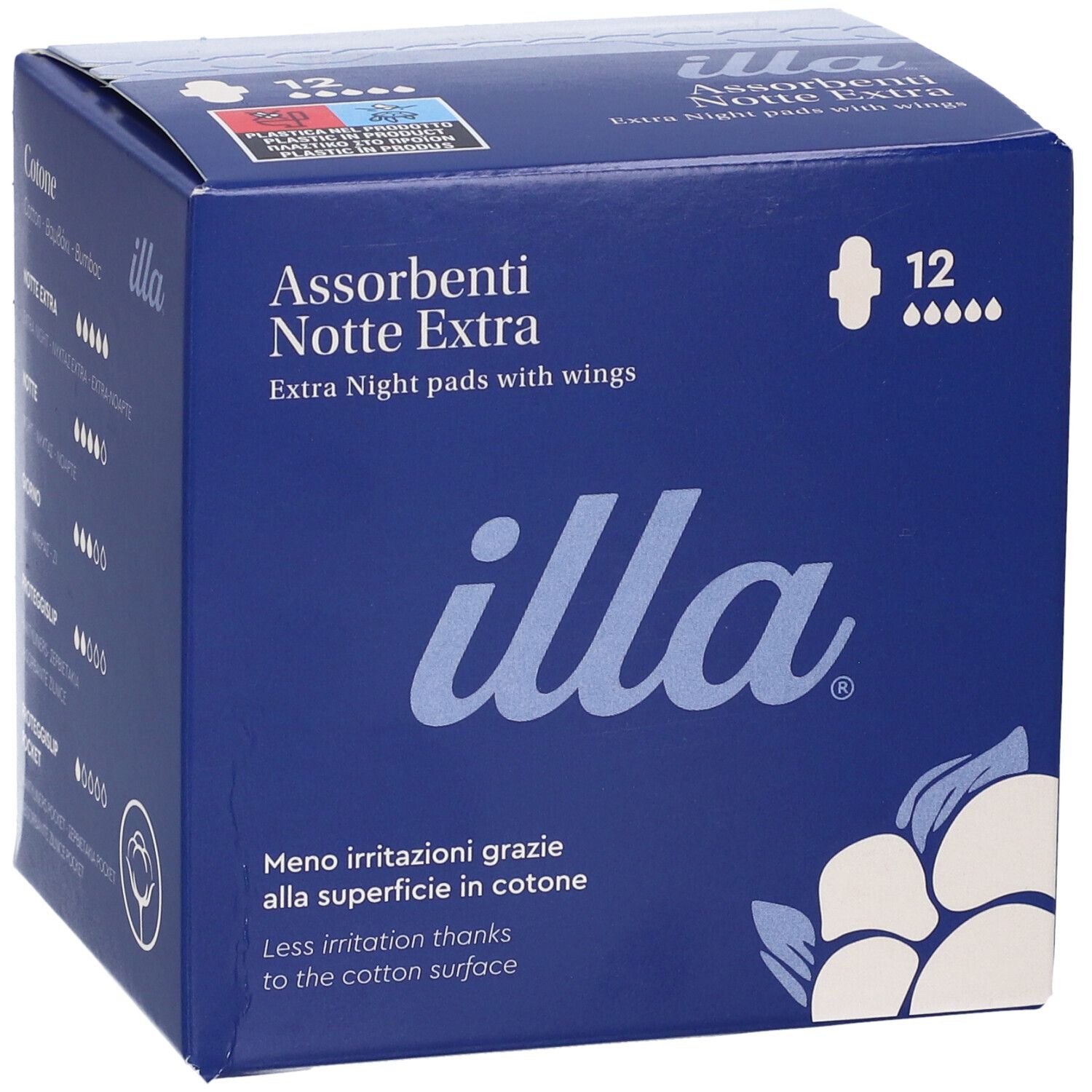 Scatola blu scuro con logo 'illa' e 'Assorbenti Notte Extra'. 12 pezzi. Illustrazione di fiori di cotone.