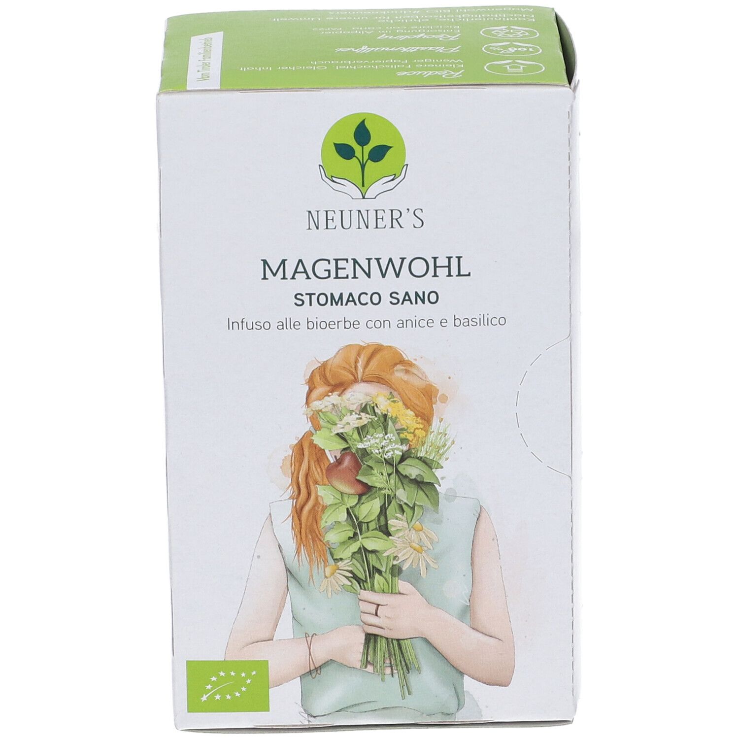 Karton von NEUNER'S MAGENWOHL STOMACO SANO. Infuso alle bioerbe con anice e basilico. Frau mit Blumenstrauß. Bio-Siegel.