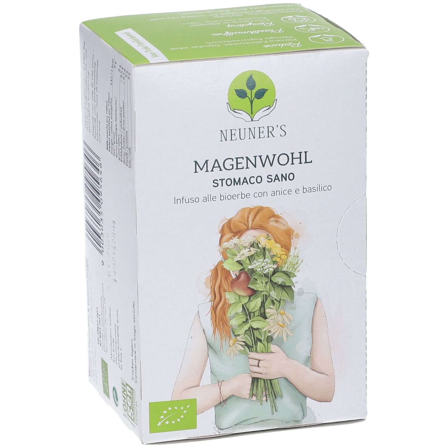 Karton von NEUNER'S MAGENWOHL STOMACO SANO. Infuso alle bioerbe con anice e basilico. Frau mit Blumenstrauß. Bio-Siegel.