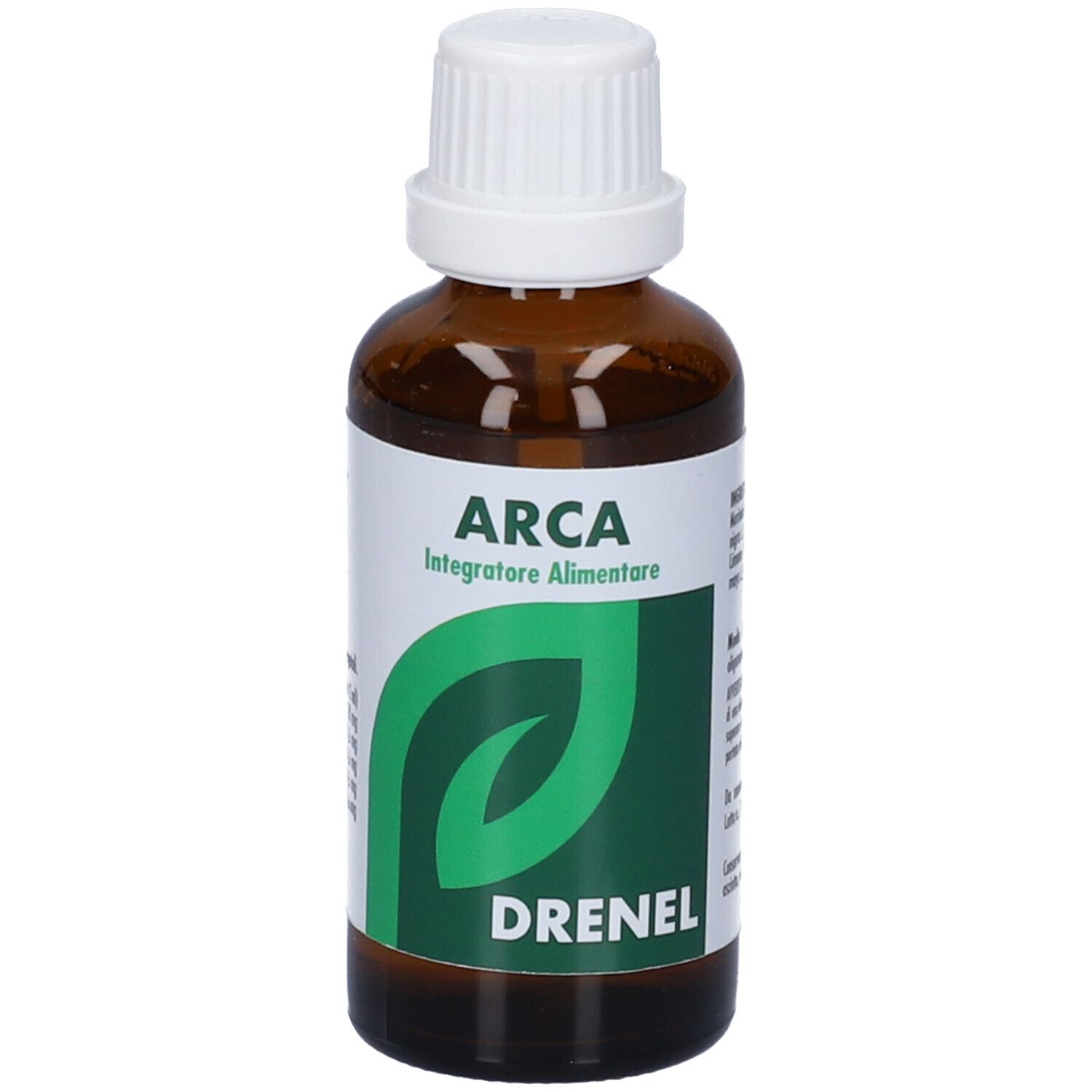 Flacone di vetro marrone con tappo bianco. Etichetta con foglia verde, ARCA, DRENEL.