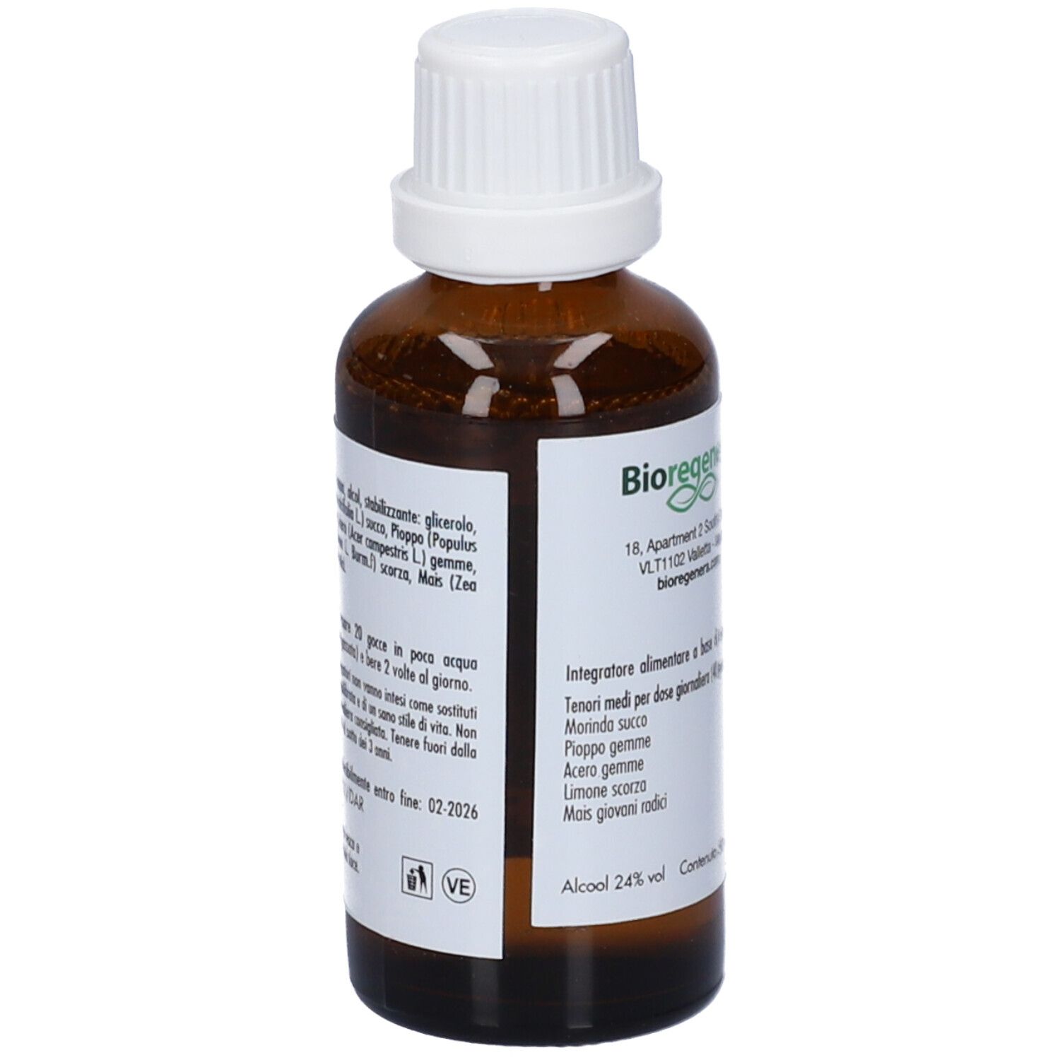 Flacone vetro marrone con tappo bianco. Etichetta con testo e ingredienti, ARCA, DRENEL.