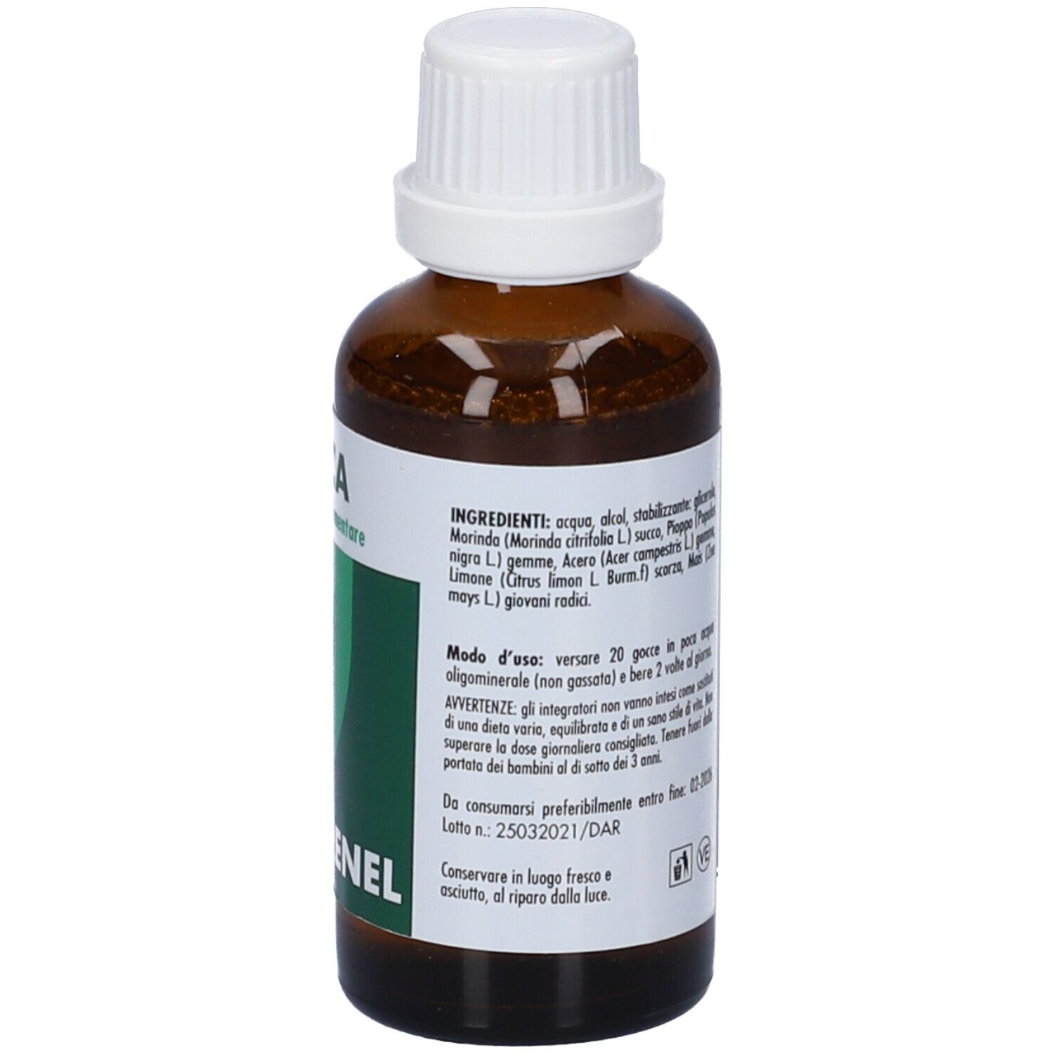 Flacone vetro marrone con tappo bianco. Etichetta con testo, ingredienti, ARCA, DRENEL.