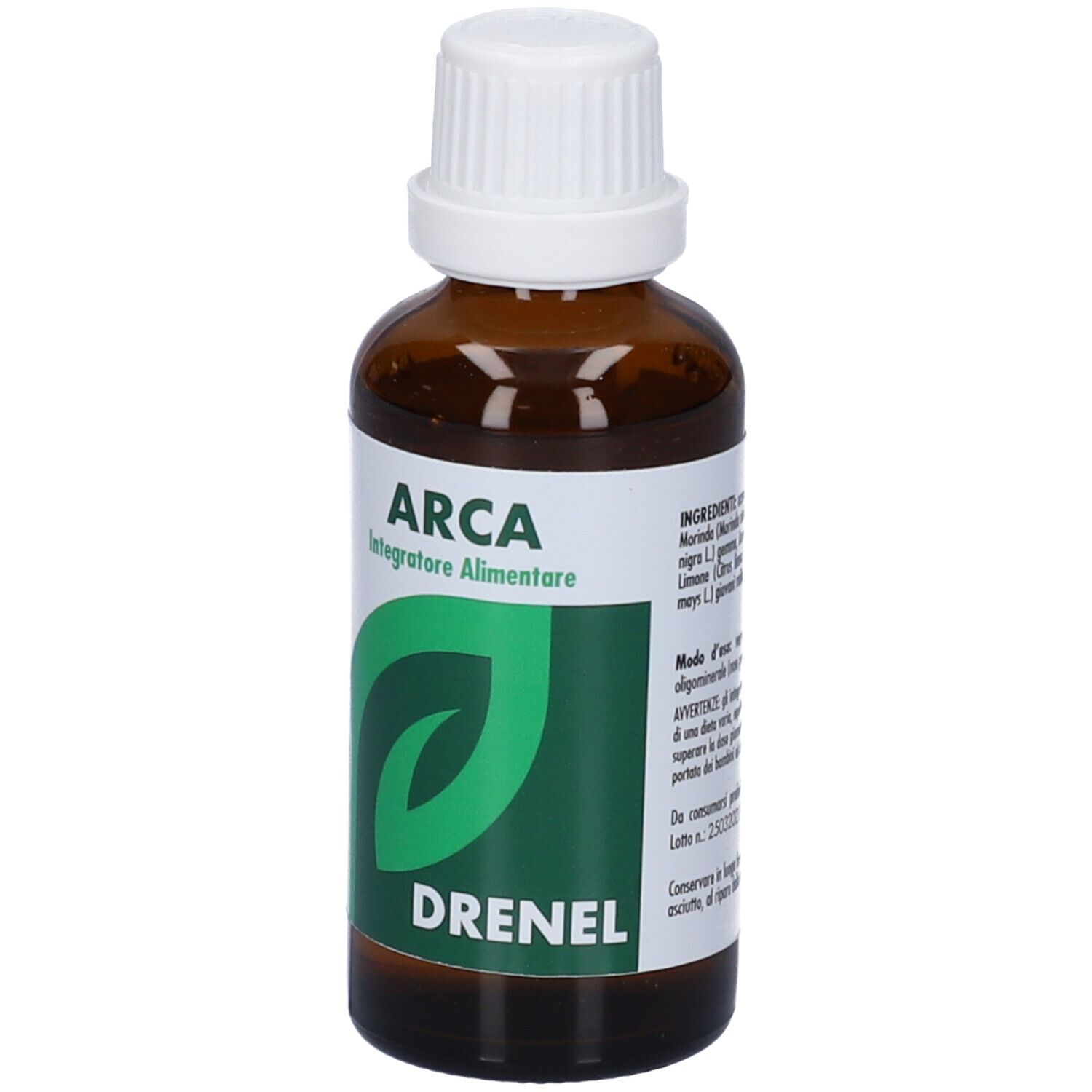 Flacone vetro marrone con tappo bianco. Etichetta con foglia verde, ARCA, DRENEL. Testo e ingredienti.