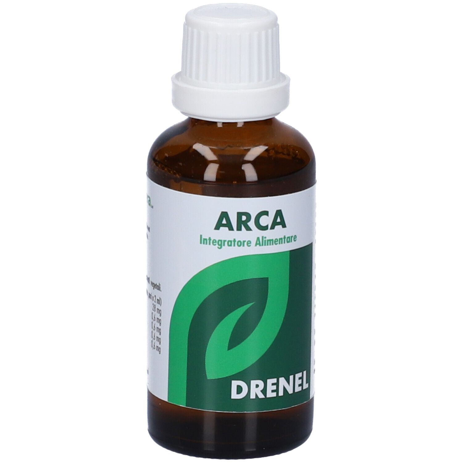 Flacone vetro marrone con tappo bianco. Etichetta con foglia verde, ARCA, DRENEL. Testo e ingredienti.