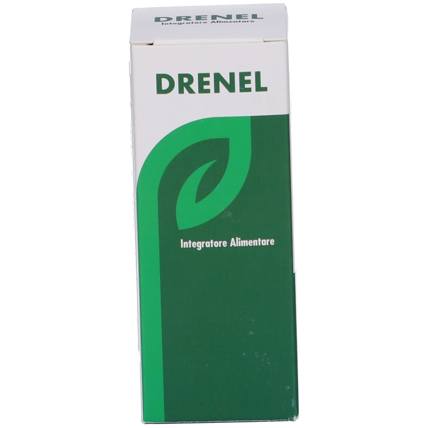 Scatola con testo e logo, ARCA, DRENEL. Bianco con grafica verde.