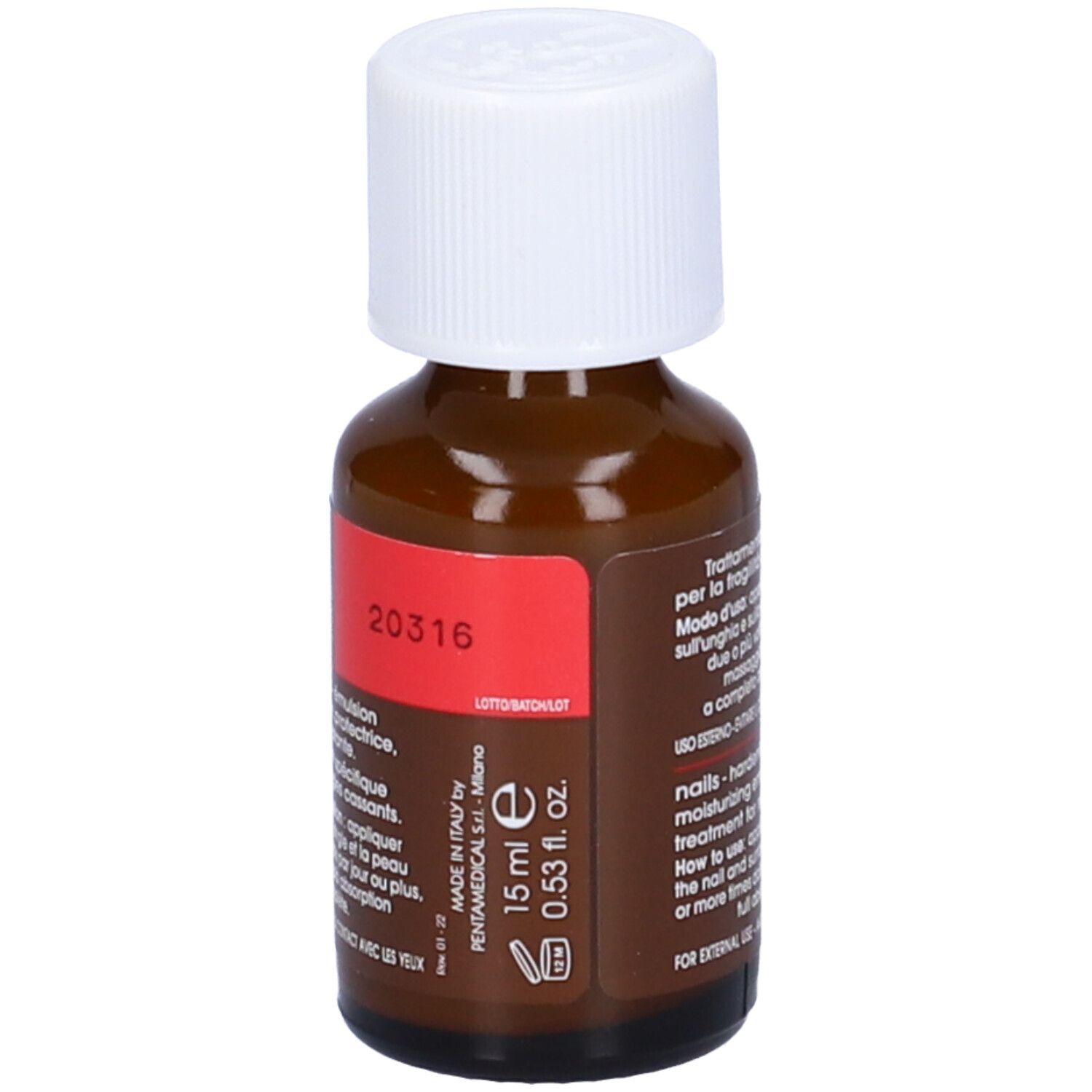 Braune Flasche mit weißem Deckel. Rotes Etikett mit Text. 15 ml. 0,53 fl. oz. Für äußere Anwendung.