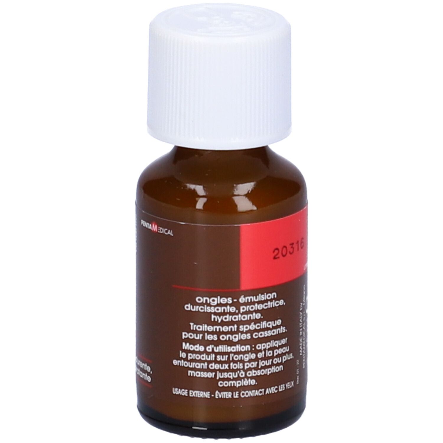 Braune Flasche mit weißem Deckel. Rotes Etikett mit Text. Für Nägel. Emulsion. Äußere Anwendung.