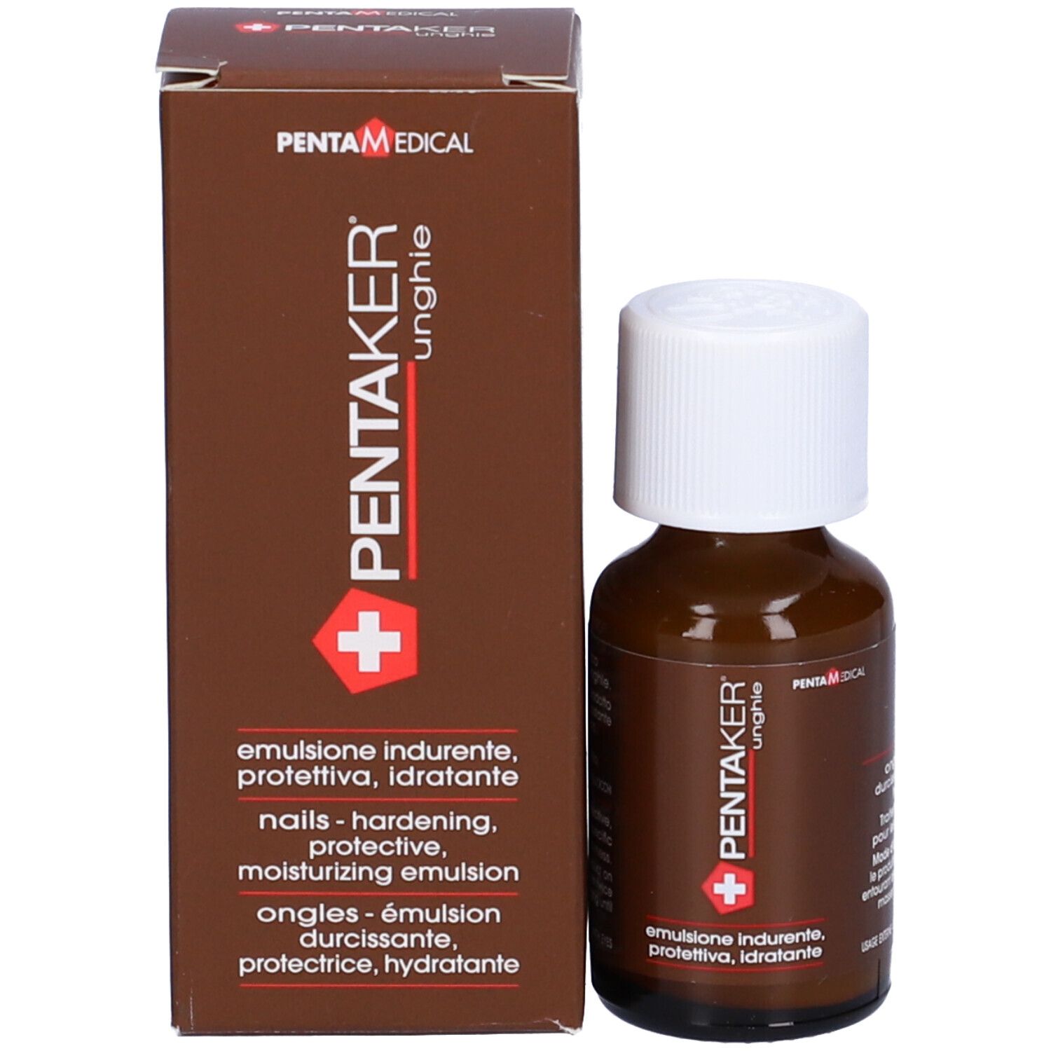 Produktverpackung und Flasche. Aufschrift: PENTAKER unghie, plus Zeichen. Emulsion für Nägel.