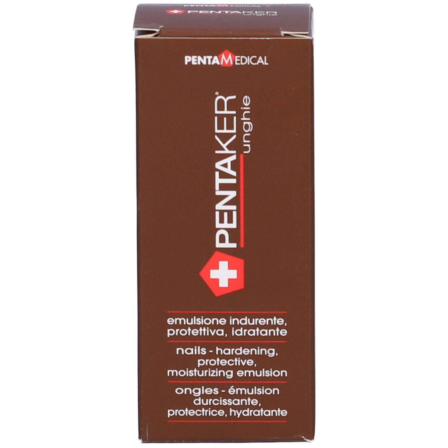Produktverpackung. Aufschrift: PENTAKER unghie, plus Zeichen. Emulsion für Nägel. Text in mehreren Sprachen.