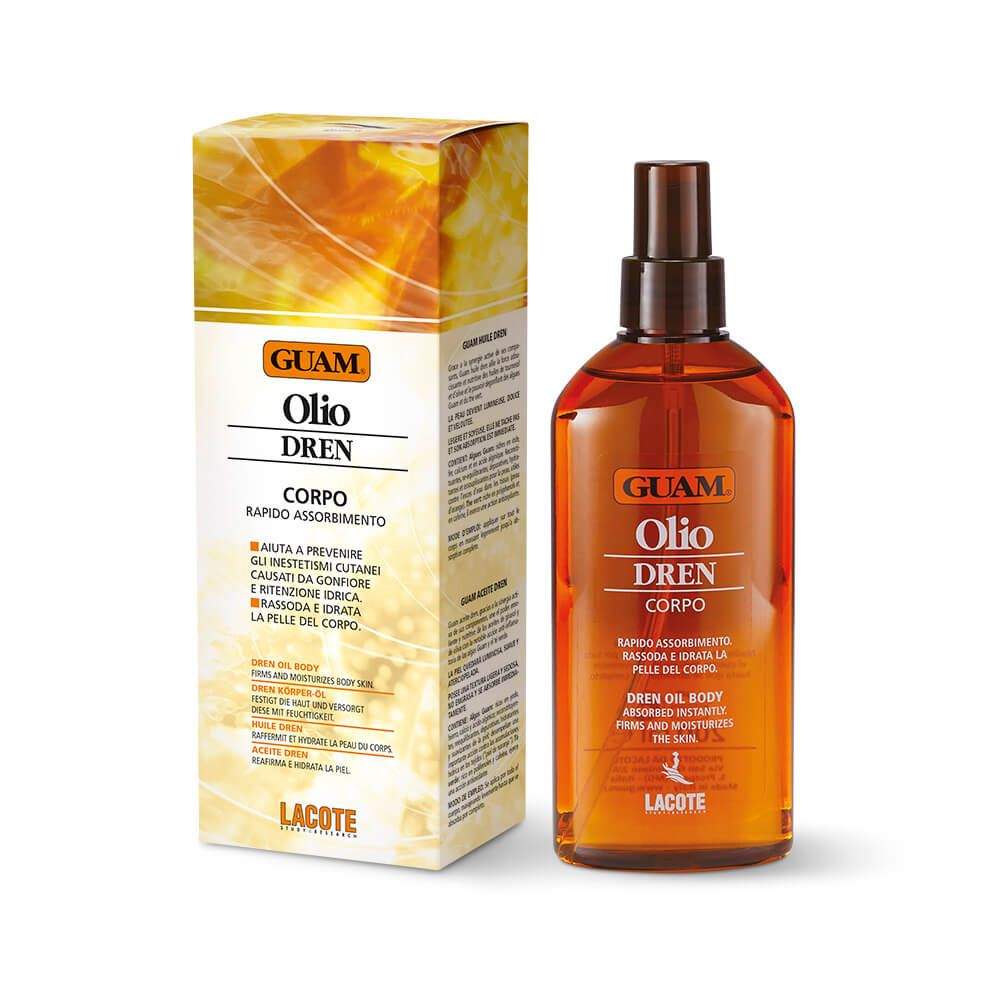 Braune Flasche mit Sprühkopf und Karton. Aufschrift: GUAM Oilo Dren Corpo. Schnelle Absorption.