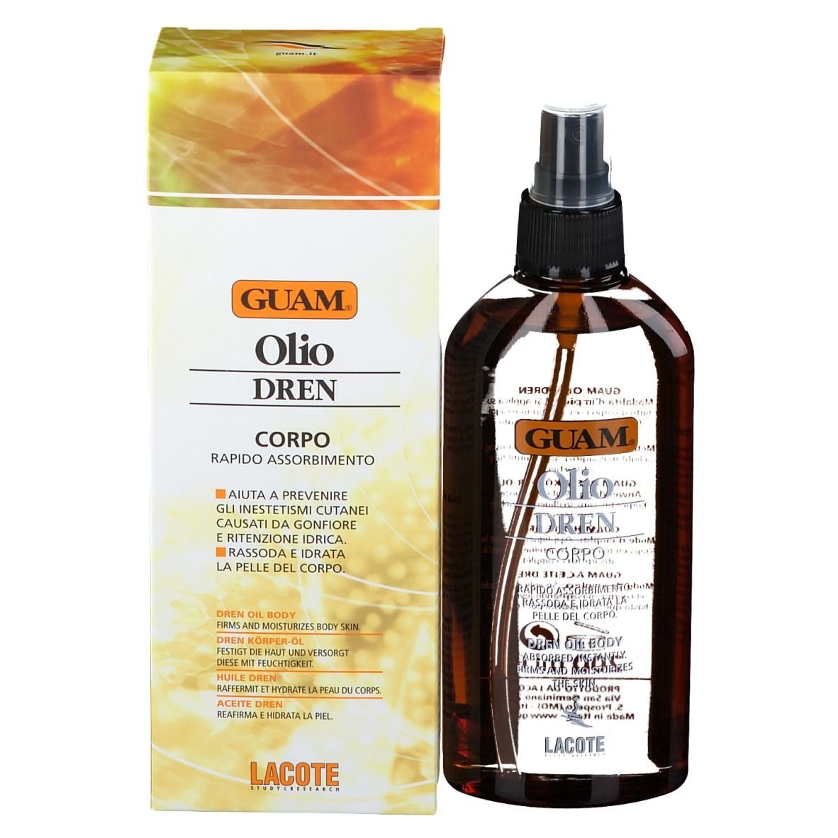 Braune Flasche mit Sprühkopf und Karton. Aufschrift: GUAM Oilo Dren Corpo. Schnelle Absorption.