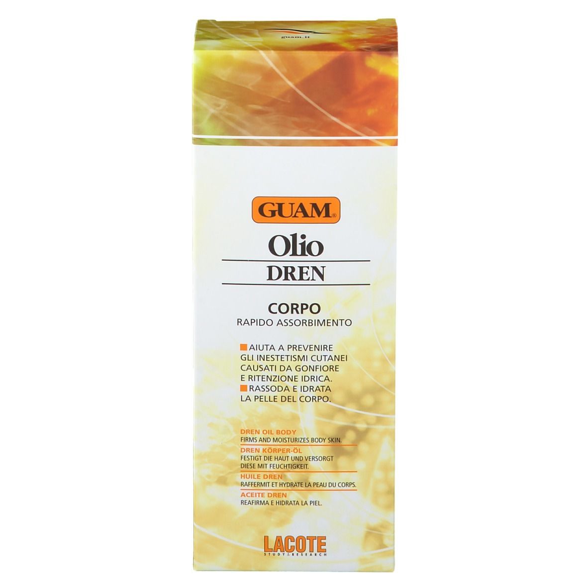 Karton mit Aufschrift: GUAM Oilo Dren Corpo. Schnelle Absorption. Lacote-Logo. Gelb-goldener Hintergrund.