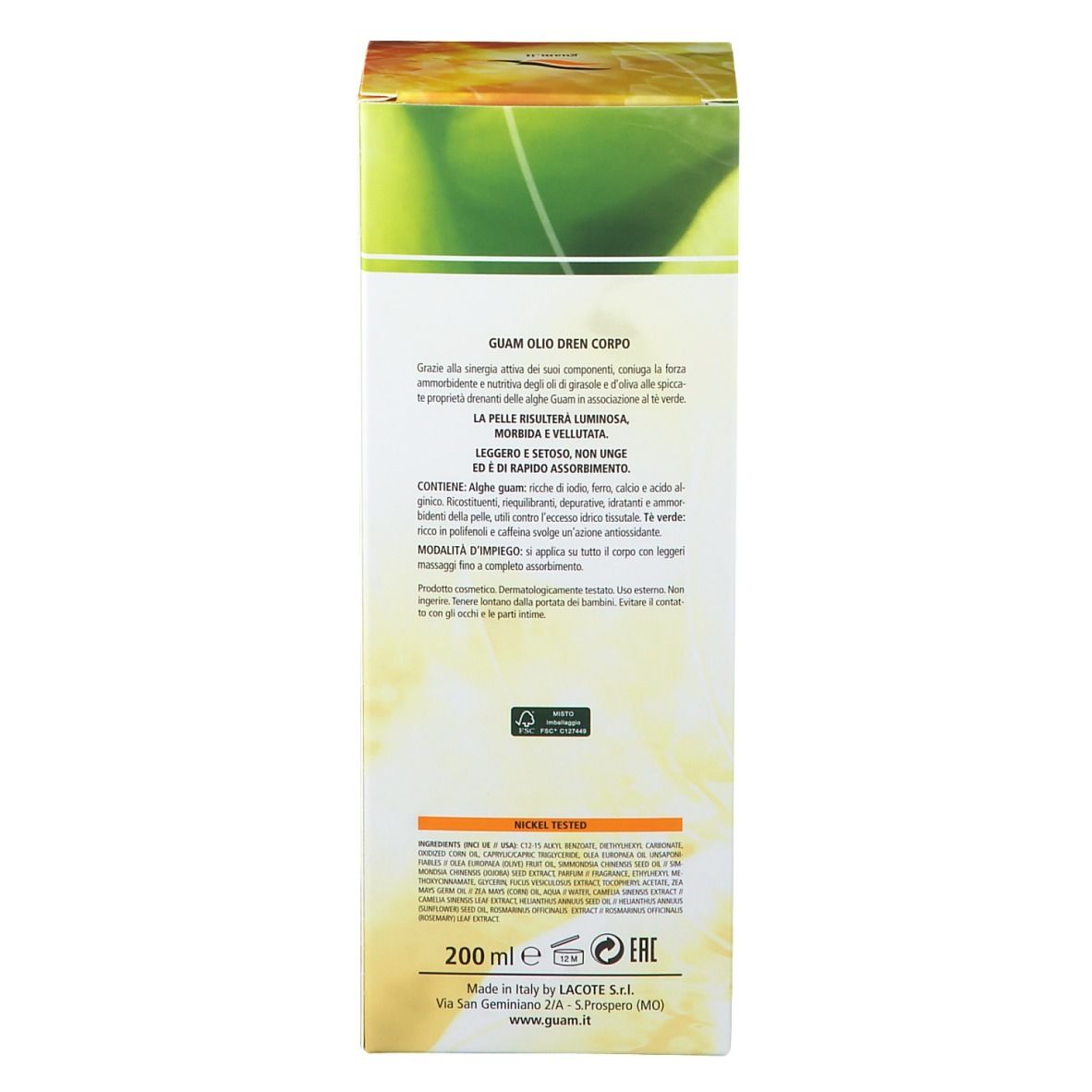 Karton, Text in mehreren Sprachen. GUAM Oilo Dren Corpo. Inhaltsstoffe. 200 ml. Lacote-Logo. Gelb-goldener Hintergrund.