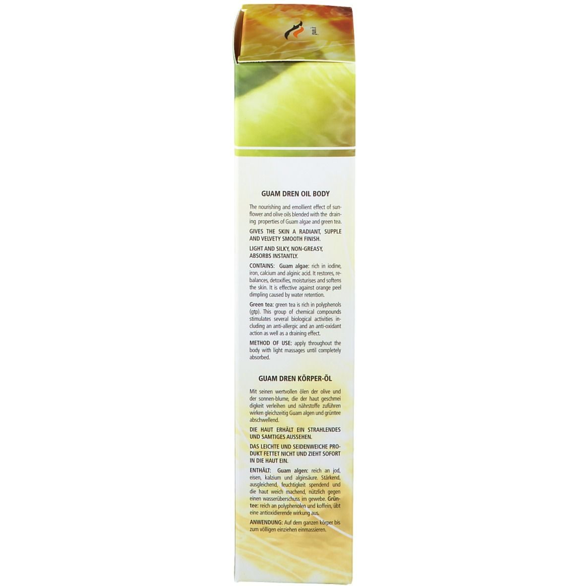 Karton, Text in mehreren Sprachen. GUAM Dren Körperöl. Inhaltsstoffe. Gelb-goldener Hintergrund.