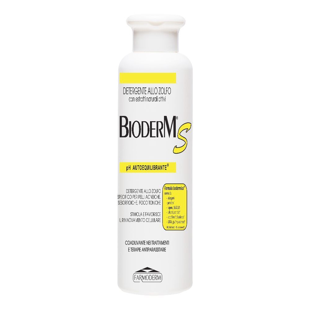 Flacone bianco con testo giallo e nero. Scritta: Bioderm S. Nome del prodotto e altre informazioni.