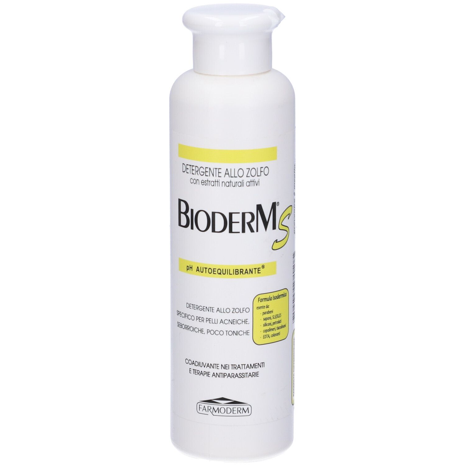 Flacone bianco con testo giallo e nero. Scritta: Bioderm S. Nome del prodotto e altre informazioni.