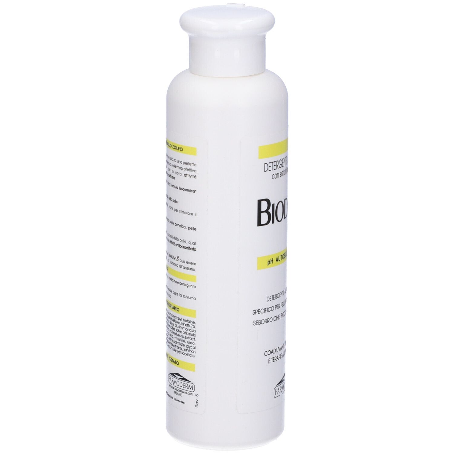 Flacone bianco, vista laterale. Testi gialli e neri. Scritta: Bioderm S. Nome del prodotto e altre informazioni.