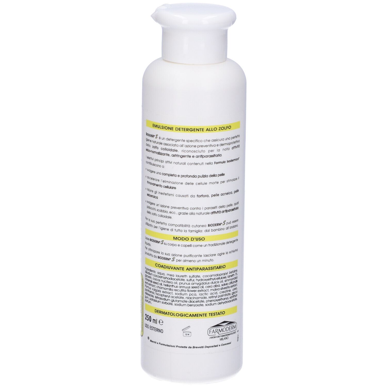 Flacone bianco, vista posteriore. Testi gialli e neri. Scritta: Bioderm S. Nome del prodotto e altre informazioni.