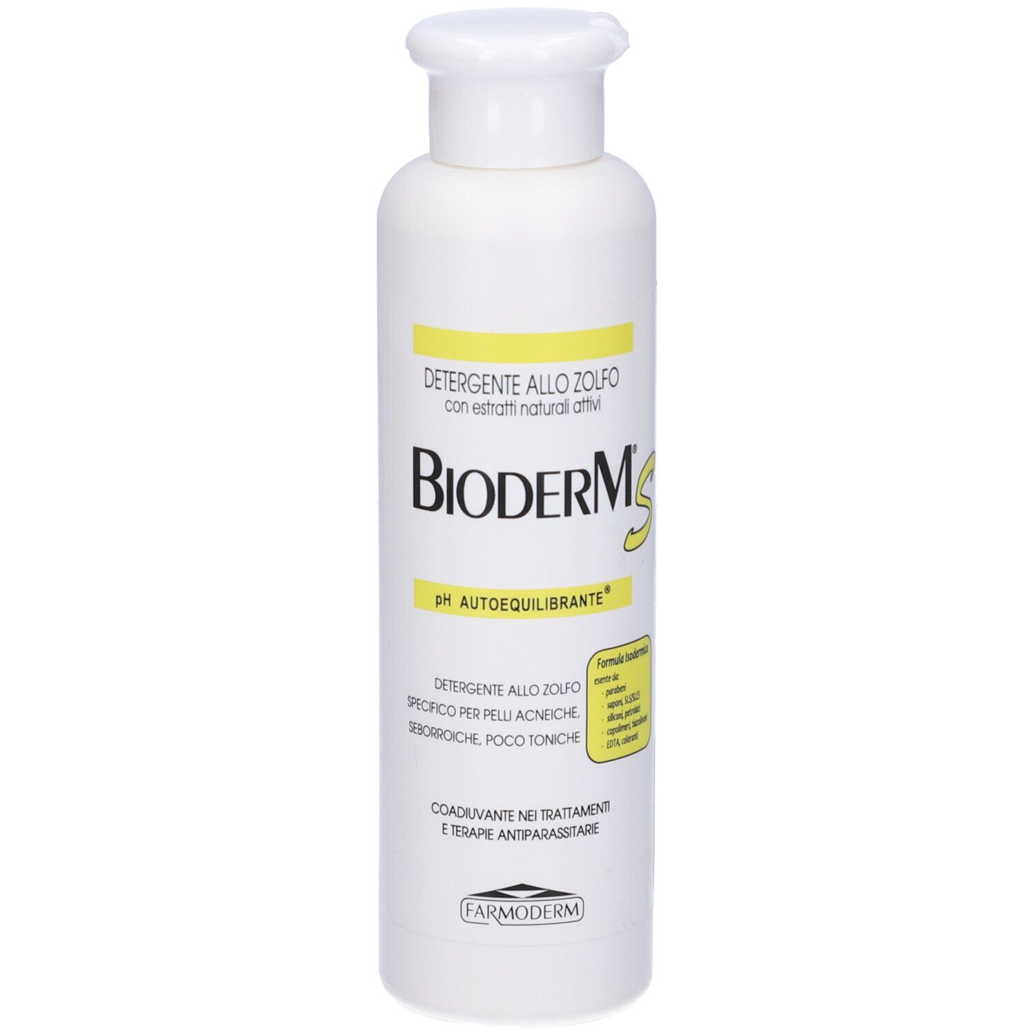Flacone bianco con testo giallo e nero. Scritta: Bioderm S. Nome del prodotto e altre informazioni.
