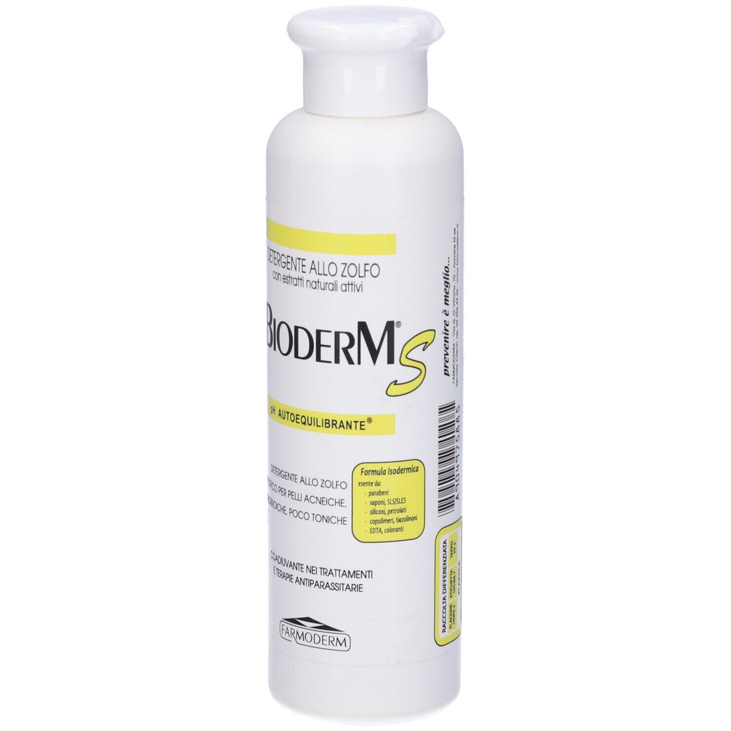 Flacone bianco con testo giallo e nero. Scritta: Bioderm S. Nome del prodotto e altre informazioni.