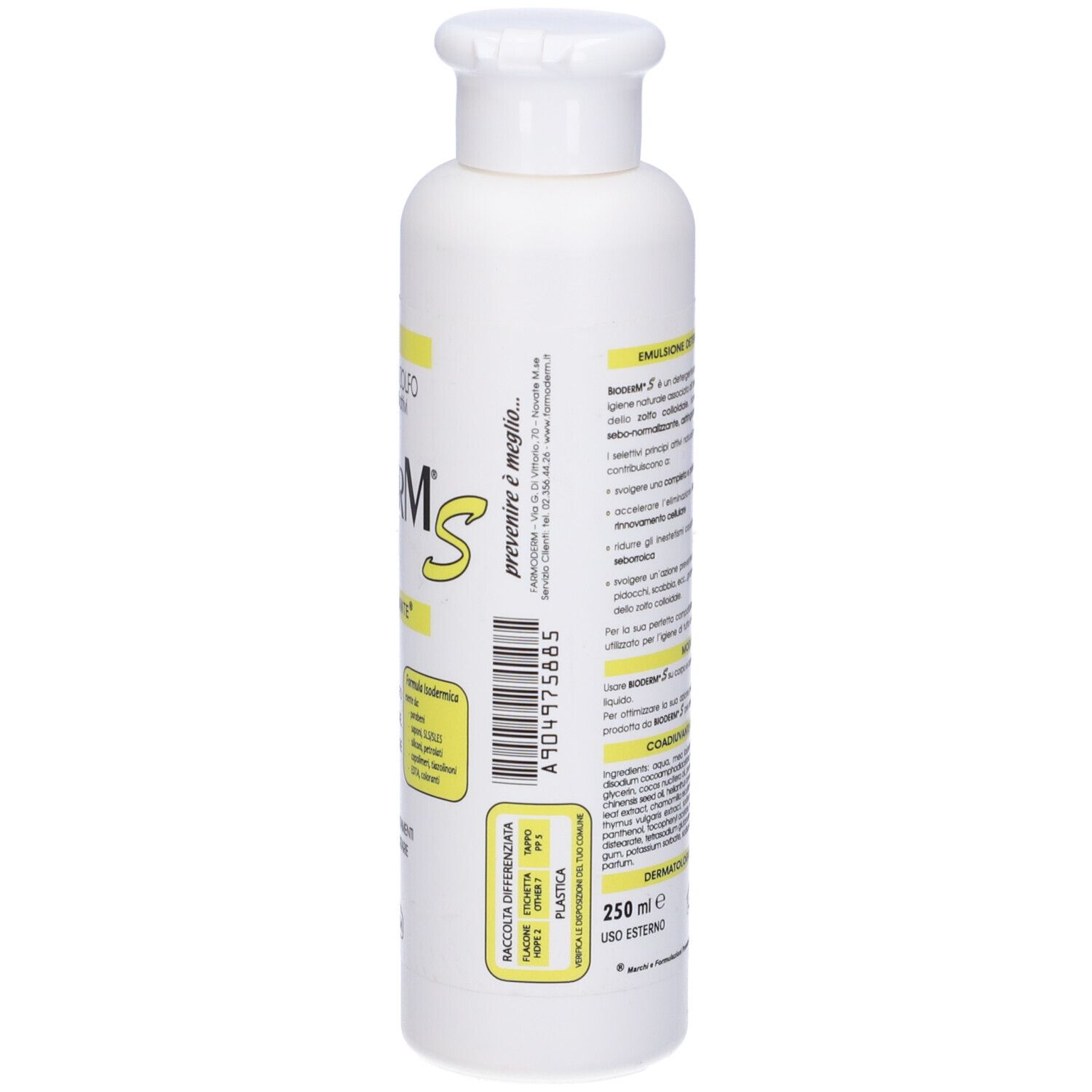 Flacone bianco, vista posteriore. Testi gialli e neri. Scritta: Bioderm S. Nome del prodotto e altre informazioni.