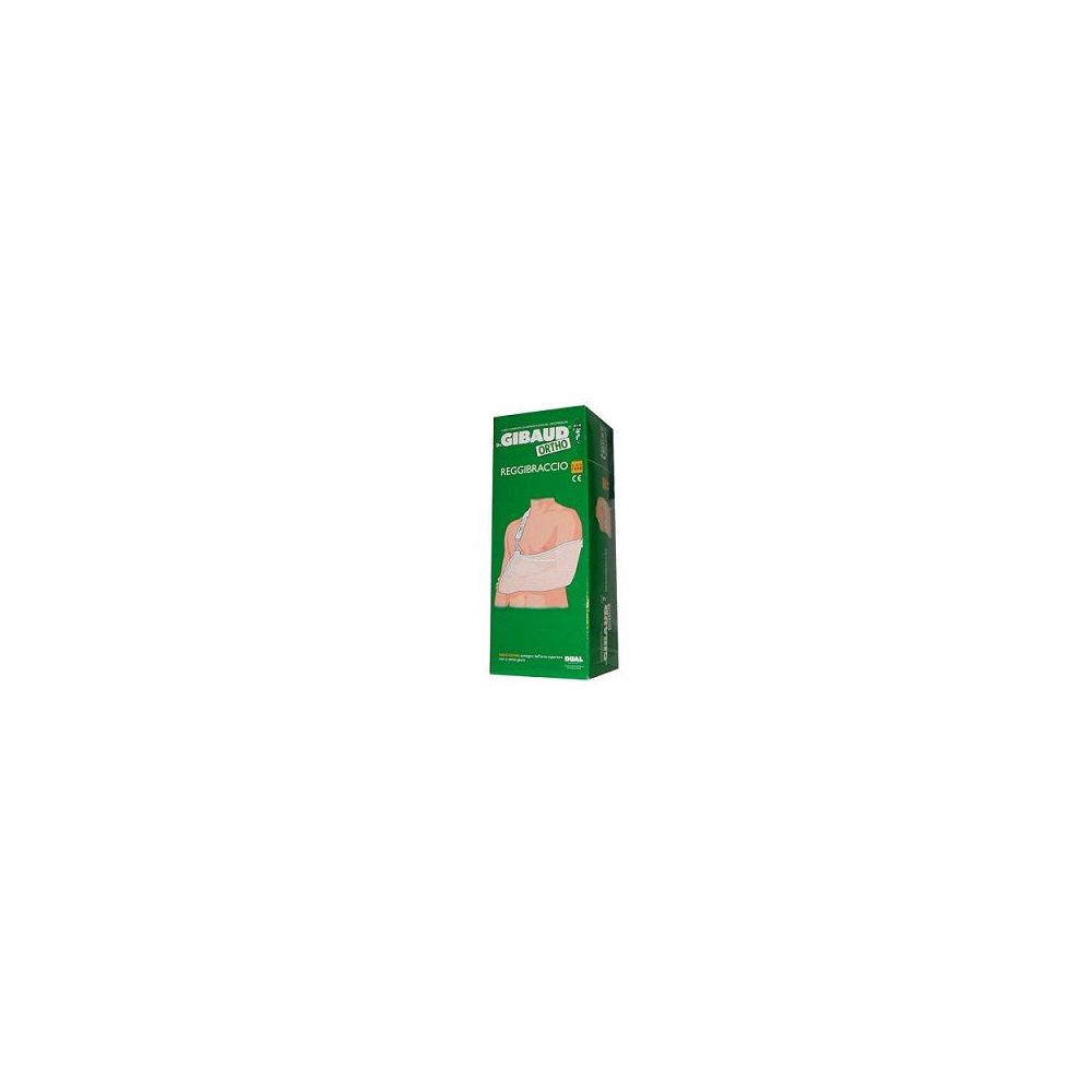 Confezione verde Gibaud. Illustrazione di un tutore per braccio bianco. Testo: Reggibraccio Bianco Gibaud Ortho. Taglia 0.