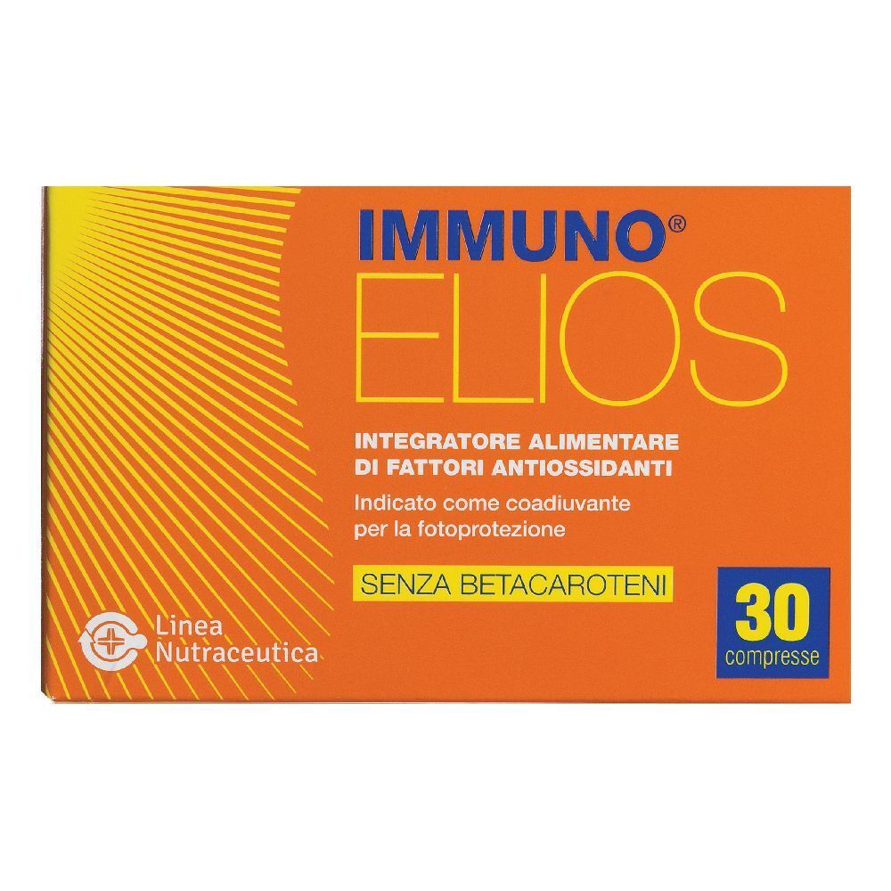 Scatola arancione con nome del prodotto e 30 compresse. Testo: Integratore Alimentare, Senza Betacaroteni.