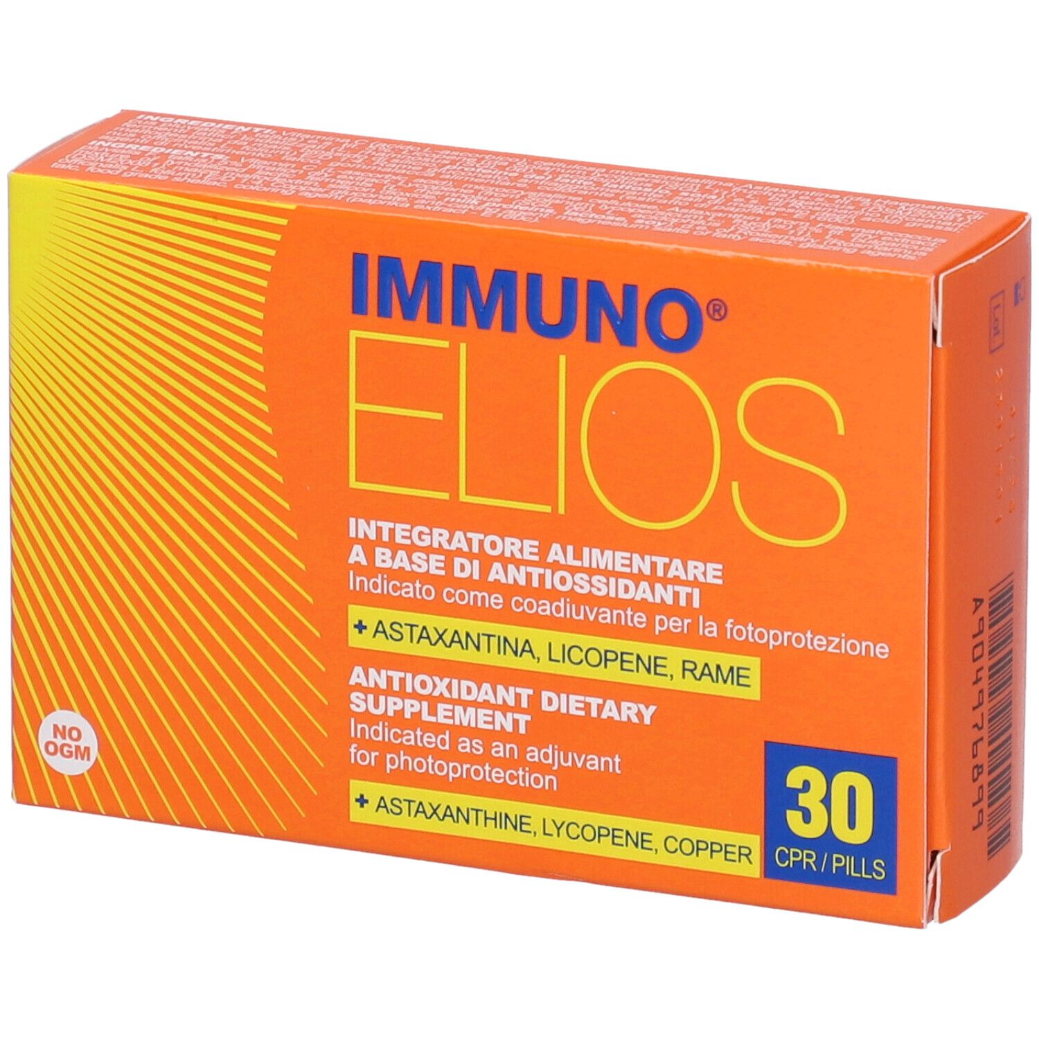 Scatola arancione con nome del prodotto e 30 compresse. Testo: Integratore Alimentare, Antioxidant Dietary Supplement.