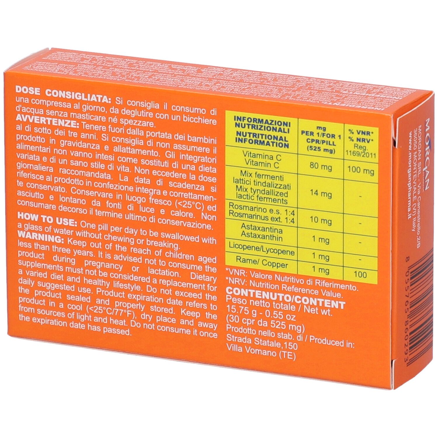 Scatola arancione con nome del prodotto e 30 compresse. Testo: Integratore Alimentare, Antioxidant Dietary Supplement.