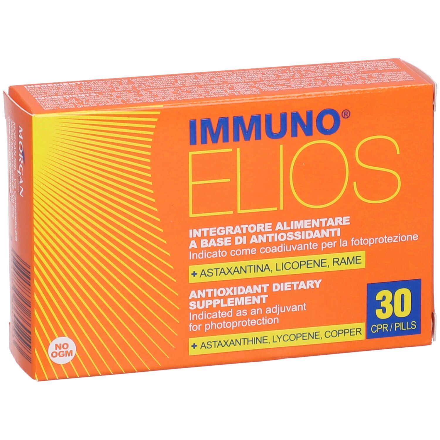 Scatola arancione con nome del prodotto e 30 compresse. Testo: Integratore Alimentare, Antioxidant Dietary Supplement.