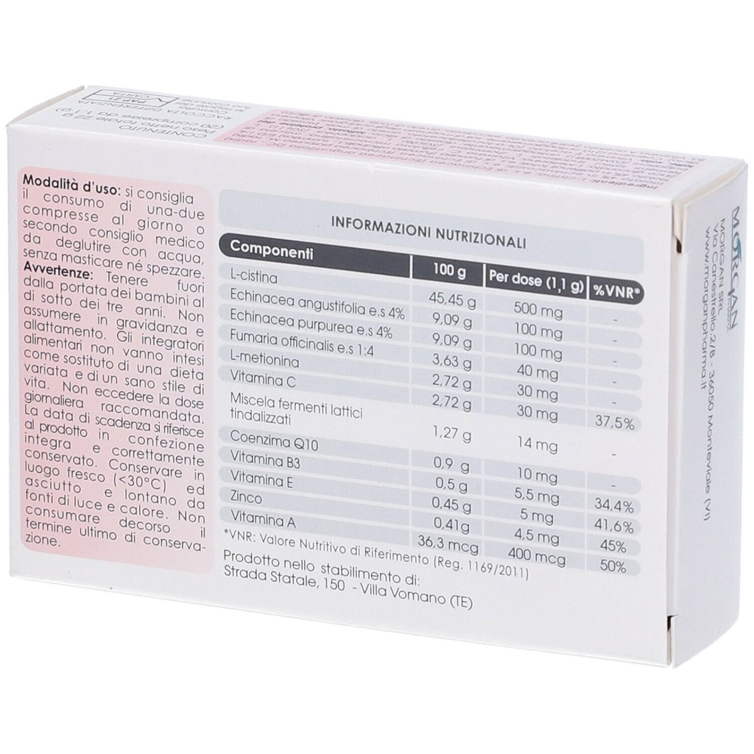 Retro della confezione del prodotto con informazioni sugli ingredienti e istruzioni per l'uso. Testo in italiano.