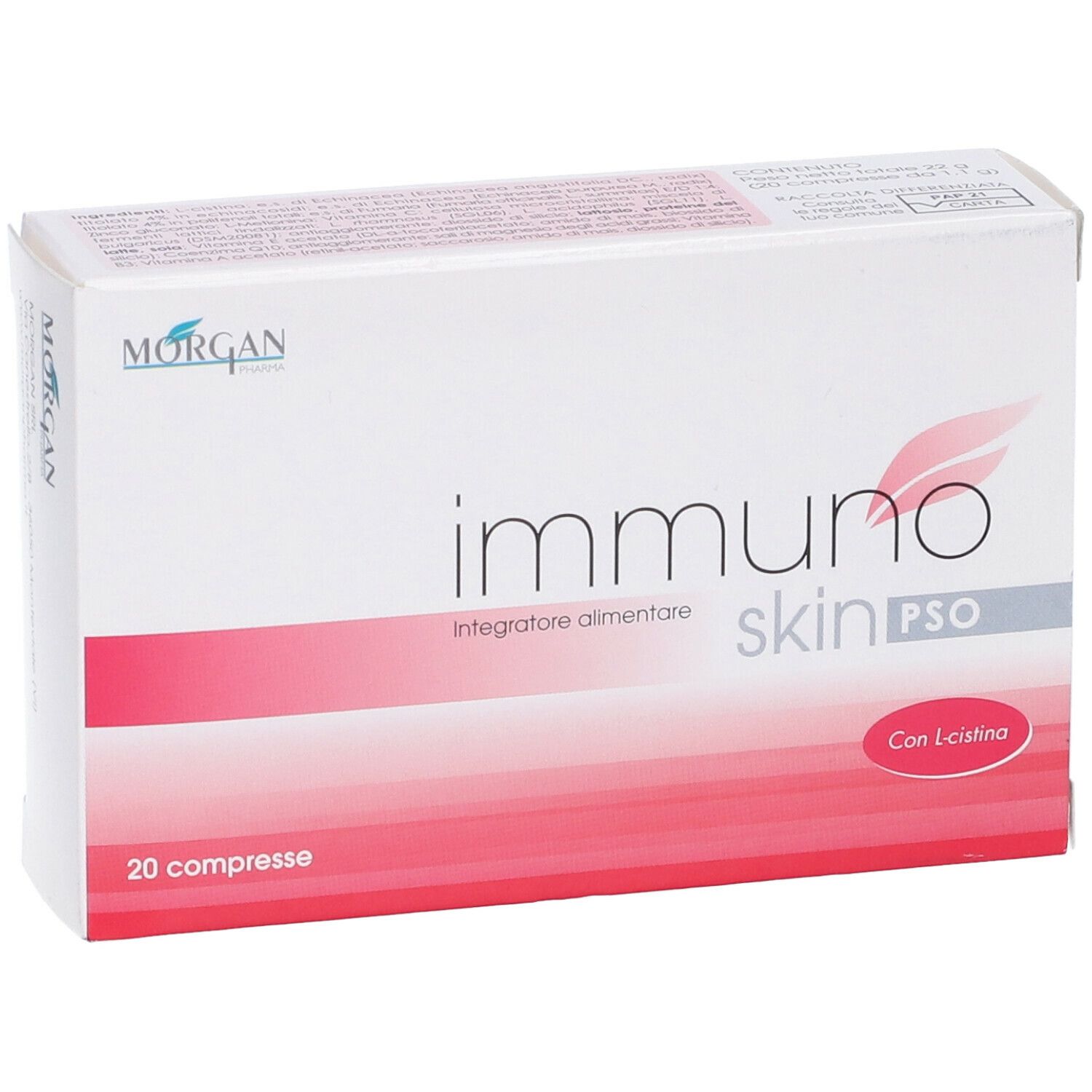 Confezione del prodotto con logo e nome. Scritta: 20 compresse. Testo: Integratore alimentare. Con L-cistina.