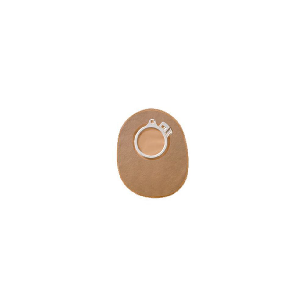Sacchetto medico ovale beige con anello chiaro e chiusura bianca. Vista frontale, su sfondo bianco.