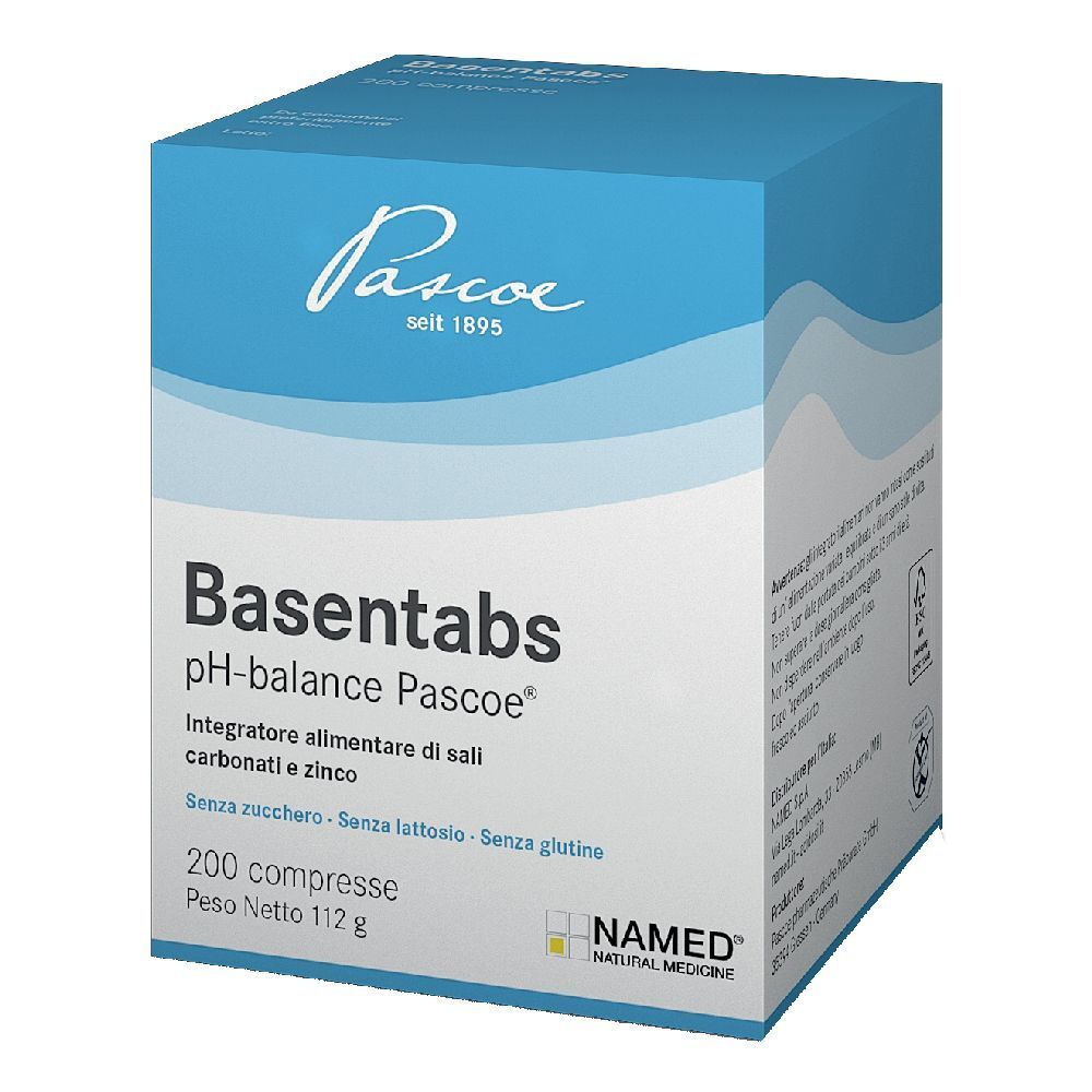 Boîte bleu et blanche avec nom et logo du produit. Texte: Basentabs pH-balance Pascoe, 200 comprimés, sans sucre, lactose et gluten.