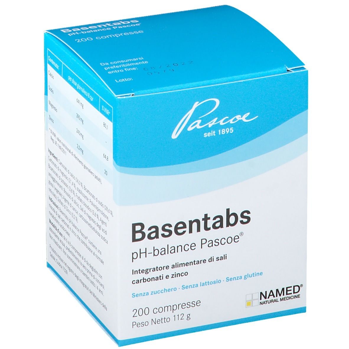 Boîte bleu et blanche avec nom et logo du produit. Texte: Basentabs pH-balance Pascoe, 200 comprimés. Vue détaillée.