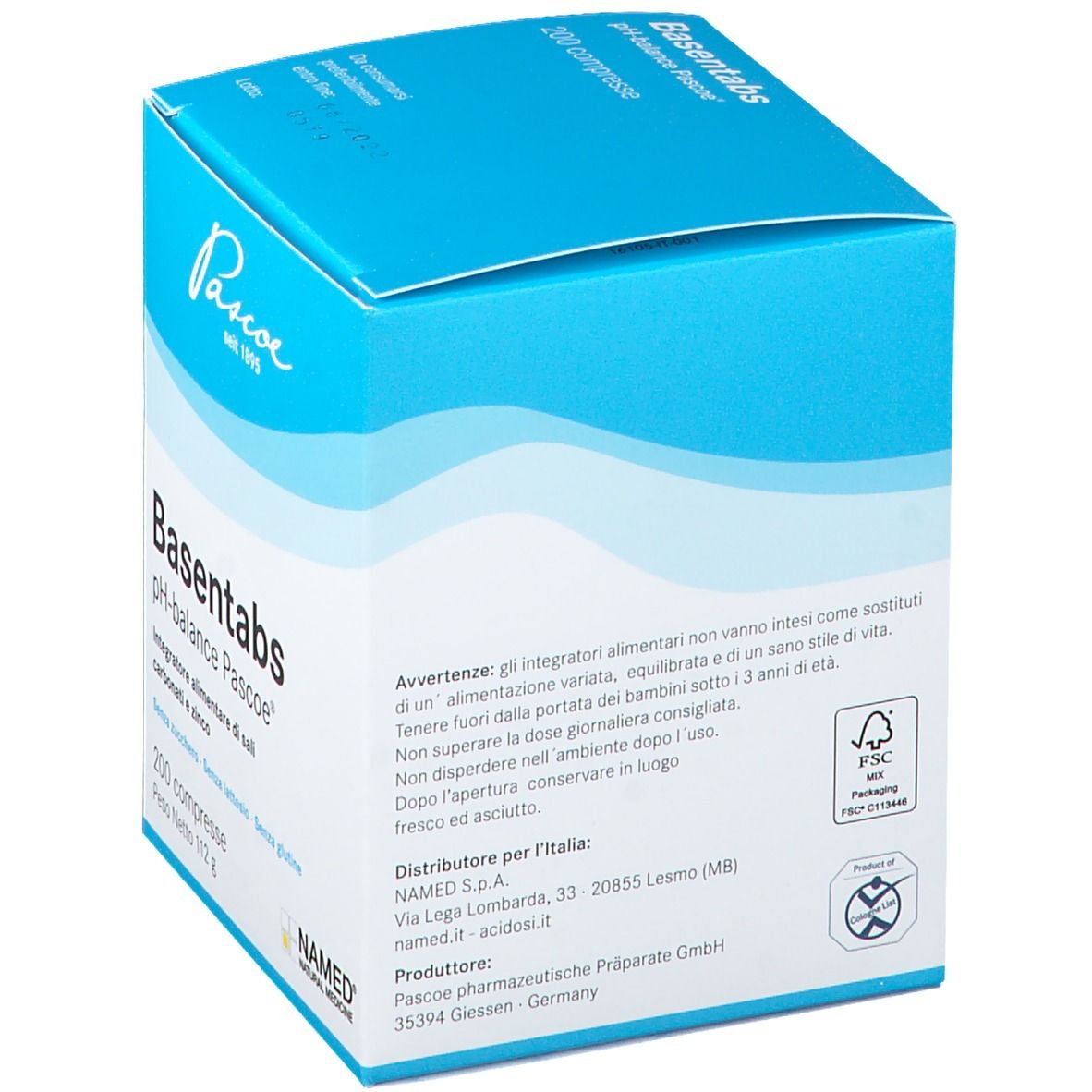 Boîte bleu et blanche avec nom et logo du produit. Texte: Basentabs pH-balance Pascoe, 200 comprimés. Vue arrière.