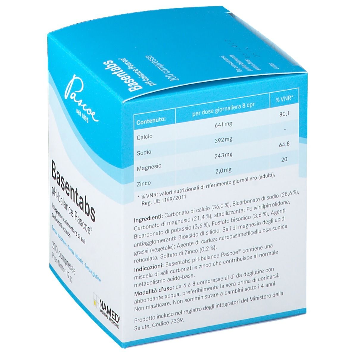 Boîte bleu et blanche avec nom et logo du produit. Texte: Basentabs pH-balance Pascoe, 200 comprimés. Ingrédients.