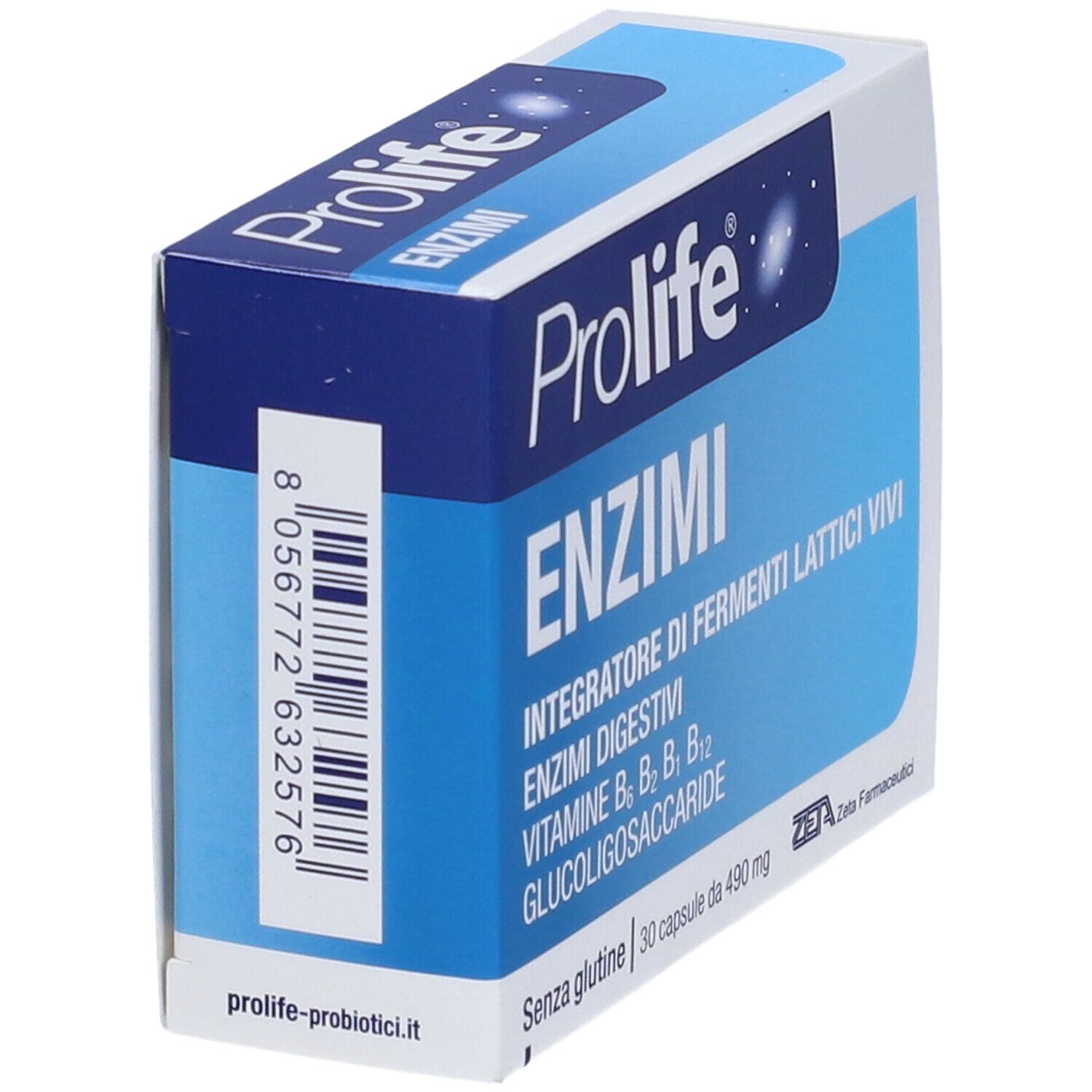 Scatola Prolife ENZIMI, blu e bianca. Contiene fermenti lattici vivi, enzimi digestivi e vitamine. Codice a barre.