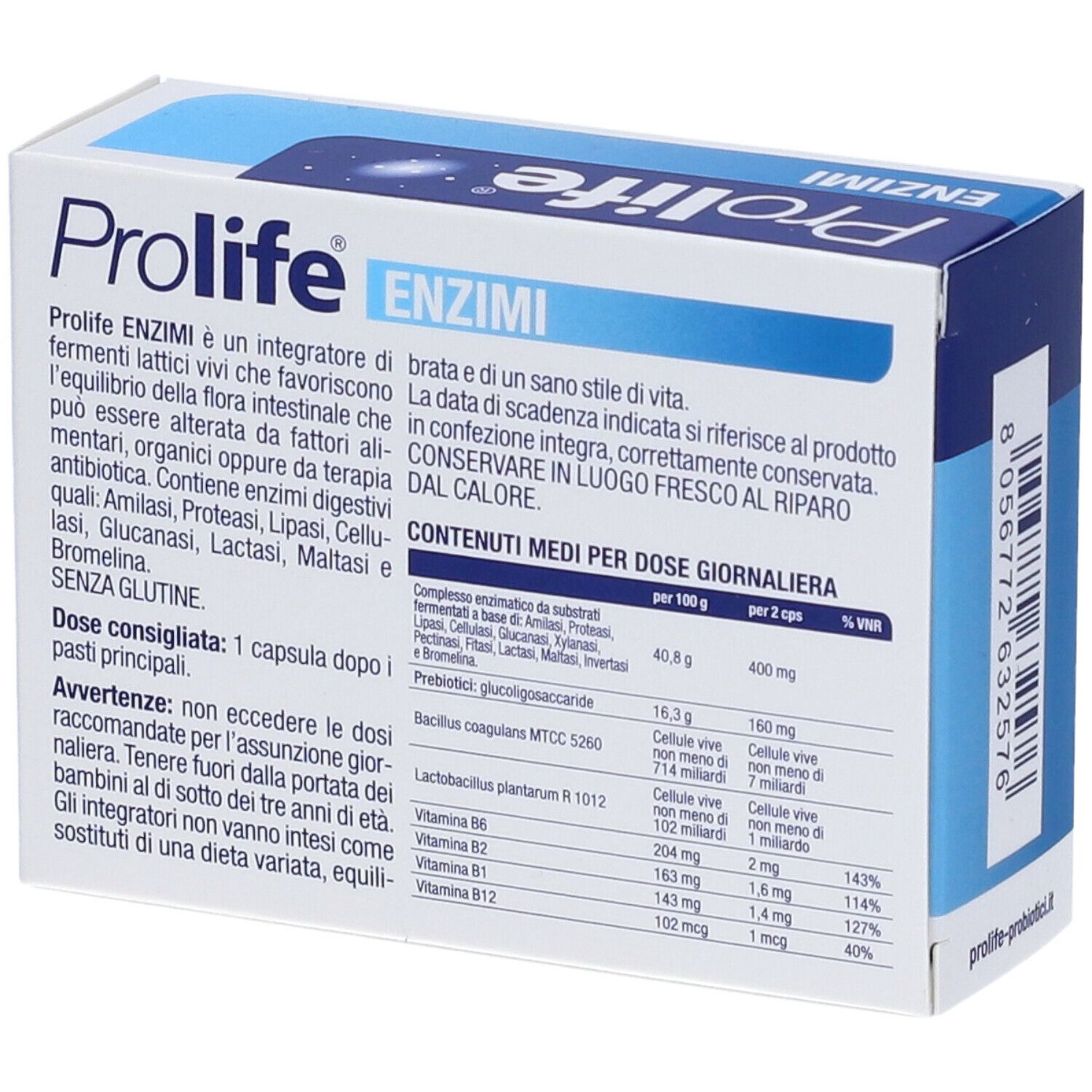 Retro della scatola Prolife ENZIMI. Contiene informazioni su ingredienti, dosaggio e avvertenze. Testo in italiano.