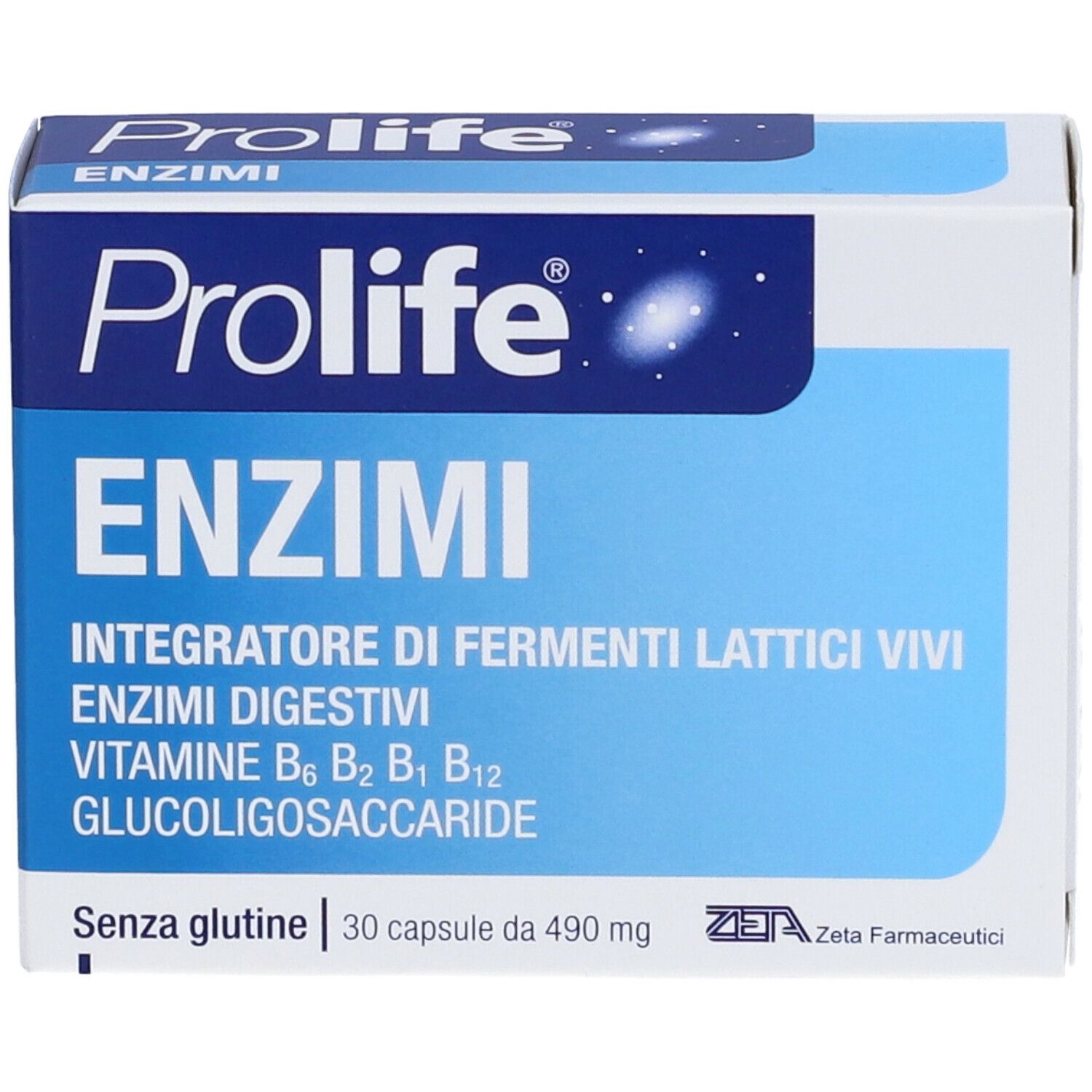 Fronte della scatola Prolife ENZIMI. Contiene fermenti lattici vivi, enzimi digestivi e vitamine. 30 capsule.