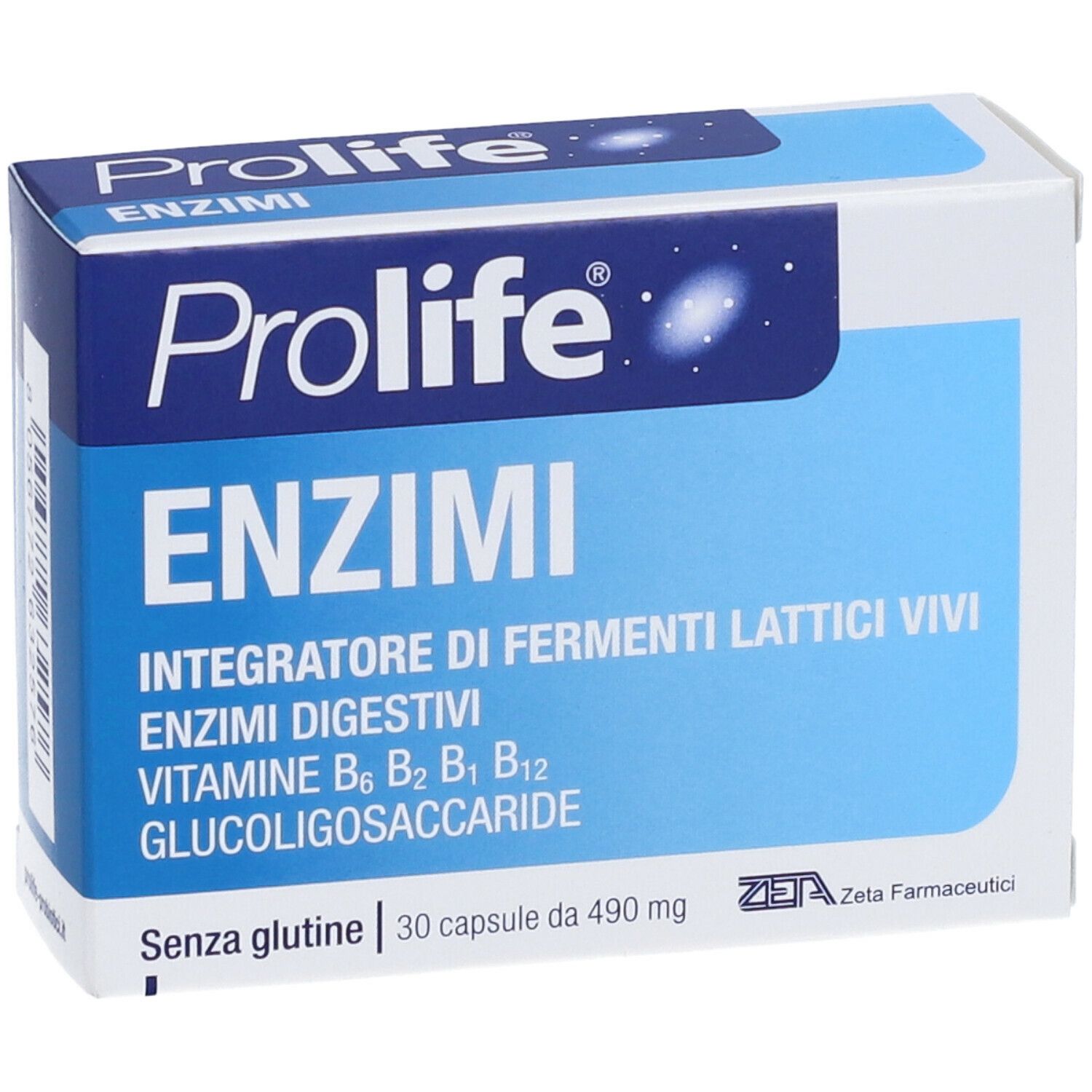 Fronte della scatola Prolife ENZIMI. Contiene fermenti lattici vivi, enzimi digestivi e vitamine. 30 capsule.