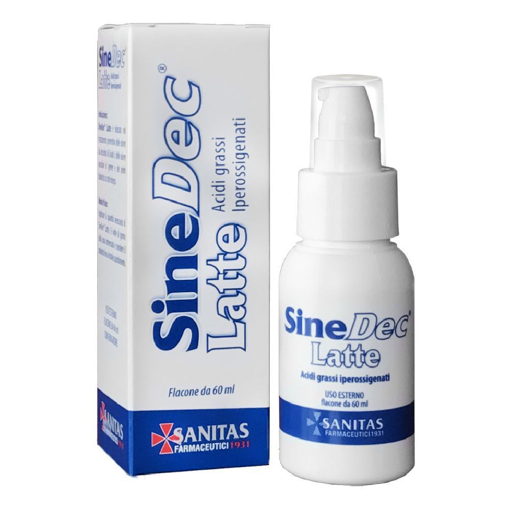 Flacone bianco SineDec Latte e confezione. Scritta blu. Sanitas Farmaceutici. Contiene 60 ml.
