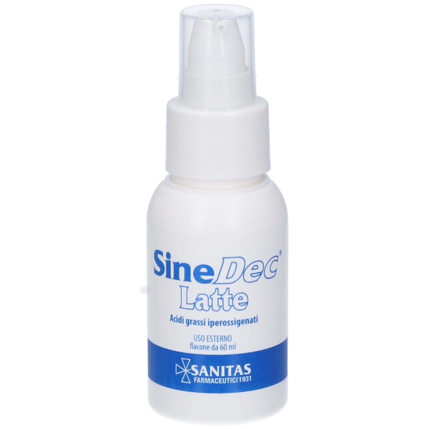 Flacone bianco SineDec Latte con erogatore. Scritta blu. Sanitas Farmaceutici. Contiene 60 ml.