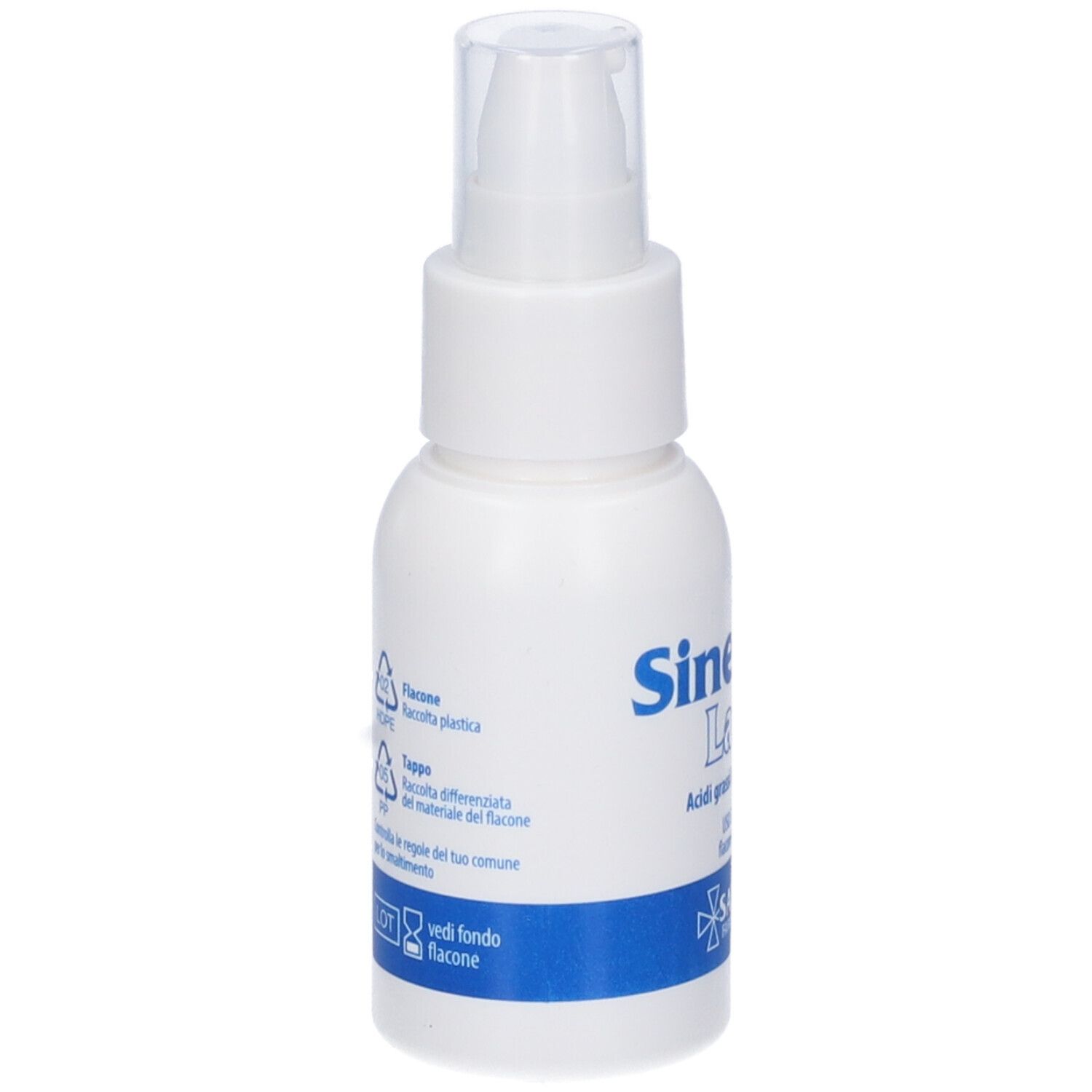 Flacone bianco SineDec Latte con erogatore. Scritta blu. Sanitas Farmaceutici. Contiene 60 ml.