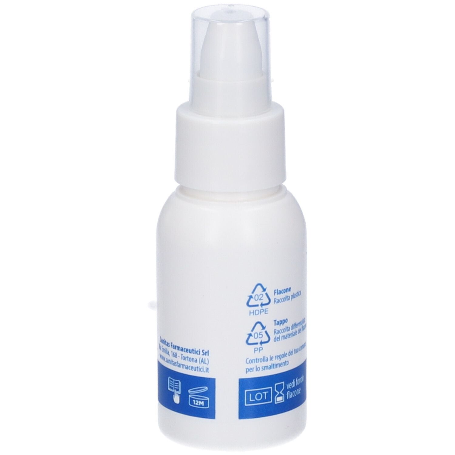 Flacone bianco SineDec Latte con erogatore. Scritta blu. Sanitas Farmaceutici. Contiene 60 ml.